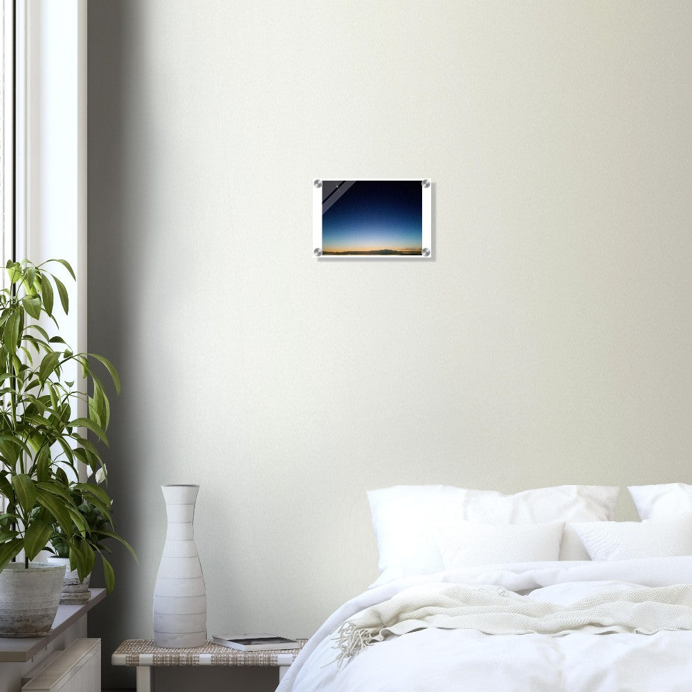 A breathtaking starlit horizon captured in vivid colors on a sleek acrylic print, perfect for modern and sophisticated wall art decor.
