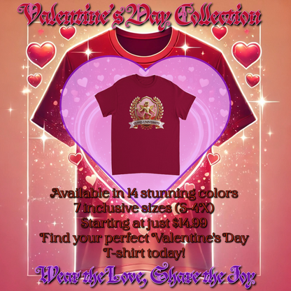 Promotional image for Valentine's Day Collection featuring a 'Cupid University' T-shirt in a maroon color with gold detailing, displayed in a heart-themed background. Highlights 14 stunning color options and inclusive sizes (S-4X), starting at $14.99 with the tagline 'Wear the Love, Share the Joy.