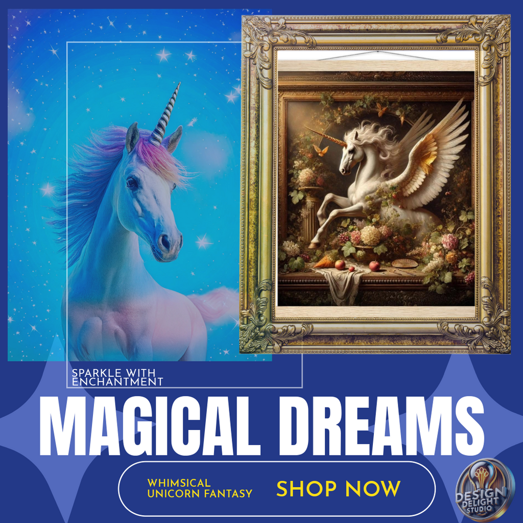 A beautifully framed vintage-style artwork featuring a majestic golden-winged Pegasus unicorn, gracefully set against an ornate floral backdrop. This luxurious fantasy decor piece is perfect for unicorn enthusiasts, art collectors, and elegant interiors. Available now at Design Delight Studio.