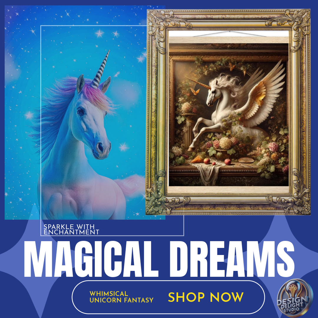 A beautifully framed vintage-style artwork featuring a majestic golden-winged Pegasus unicorn, gracefully set against an ornate floral backdrop. This luxurious fantasy decor piece is perfect for unicorn enthusiasts, art collectors, and elegant interiors. Available now at Design Delight Studio.