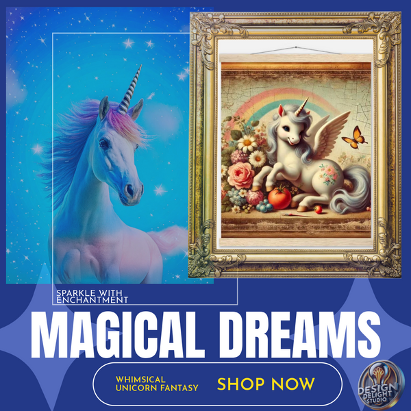 A beautifully framed vintage unicorn art print featuring a pastel-colored winged unicorn resting beside a floral arrangement. The unicorn is surrounded by delicate flowers, a glowing rainbow, and a soft golden background, creating a whimsical and nostalgic aesthetic. Perfect for fantasy art lovers and elegant home decor.