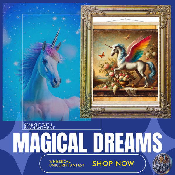 A vintage-style unicorn art print featuring a majestic white Pegasus with rainbow wings, elegantly posed beside an ornate floral arrangement. The gold-framed artwork exudes fantasy charm, making it perfect for unicorn lovers, dreamers, and whimsical home decor enthusiasts. Available at Design Delight Studio.