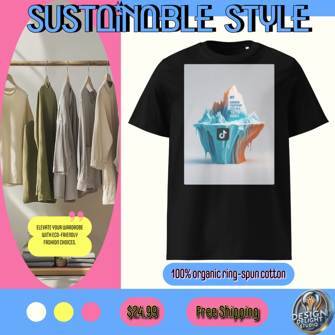 Eco-friendly organic cotton t-shirt – 'My Carbon Footprint Fits in a TikTok Video' design. Sustainable fashion with a bold climate statement. Soft, breathable, and ethically made. Shop now at Design Delight Studio.