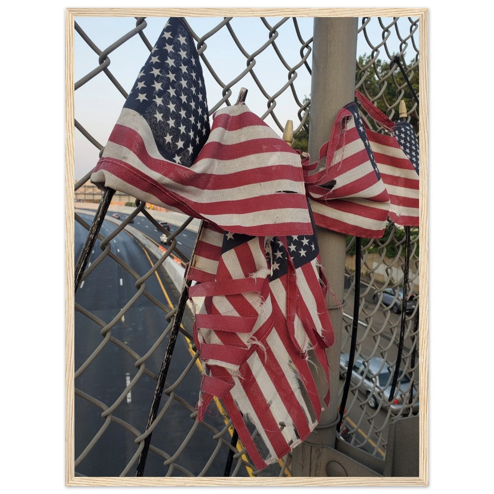 A distressed American flag art print symbolizing resilience and patriotism, perfect for adding a bold statement to your home or office decor.