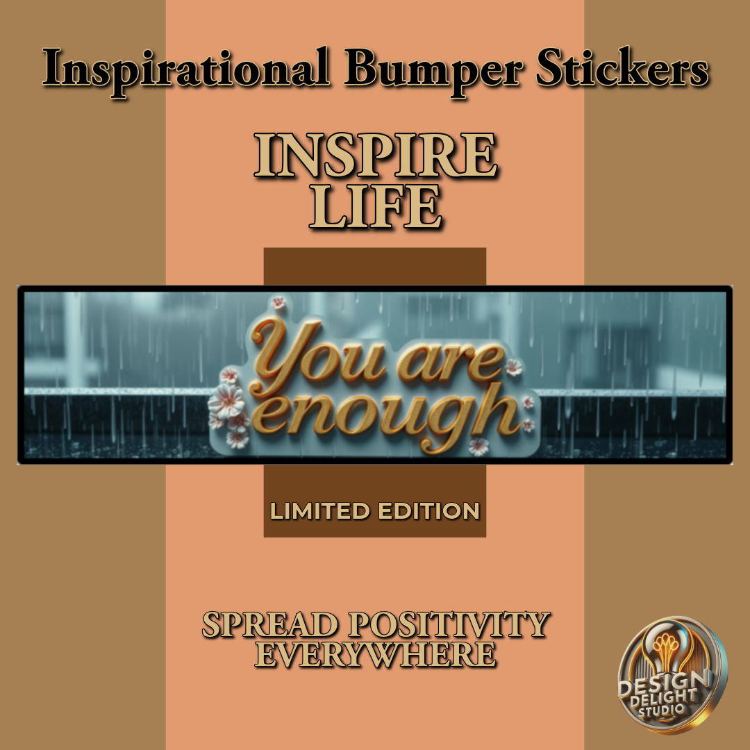 Inspirational bumper sticker design featuring the text 'You are enough' in elegant gold letters with floral accents, set against a serene rainy backdrop. The image includes the tagline 'Limited Edition' and 'Spread Positivity Everywhere' on a warm brown gradient background. Created by Design Delight Studio for spreading encouragement and hope.