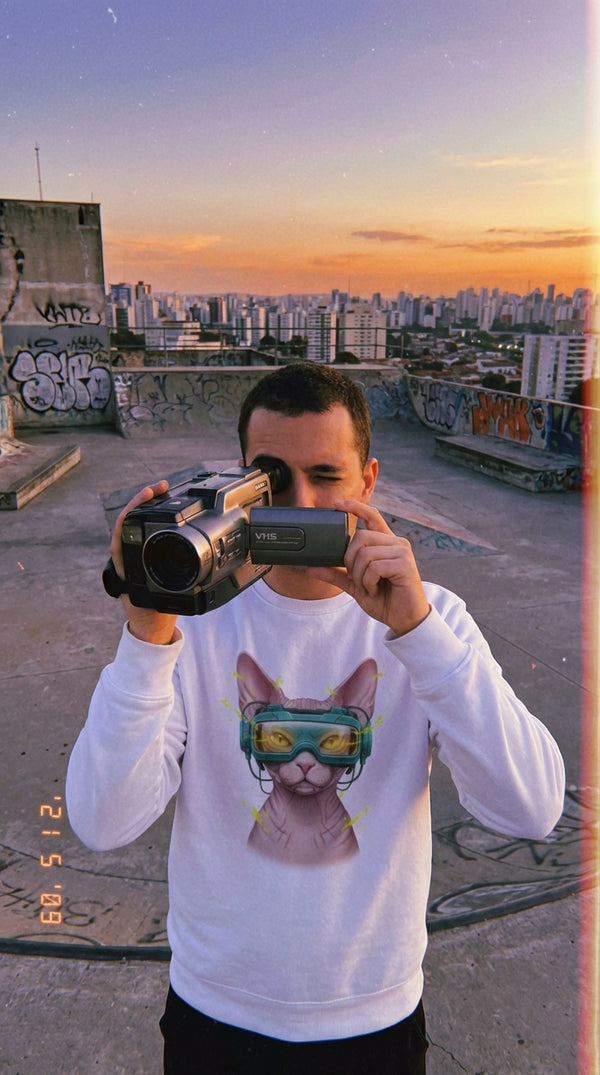 Cyber Sphynx Organic Sweatshirt - Gamer Cat Crewneck - VHS Camcorder Operator in Rooftop Skatepark - 90s Grunge Revival