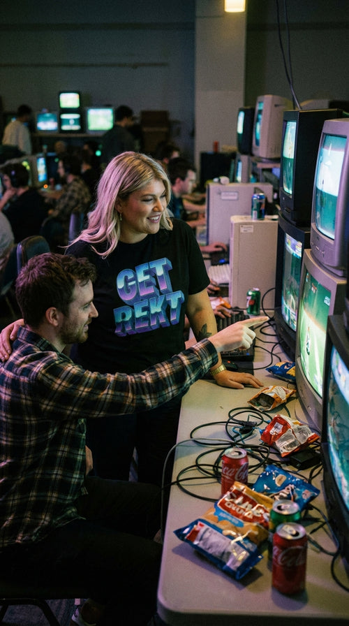 Organic Cotton 'Get Rekt' Tee - Couple / Duo in 90s LAN Party - 90s Retro Sustainable