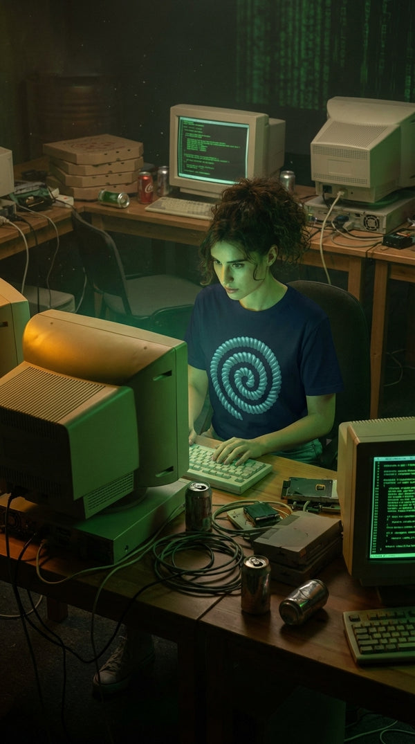 Teal Telephone Cord Spiral Organic Cotton T-Shirt - 90s Retro Hacker in 90s LAN Party - 90s Grunge Revival