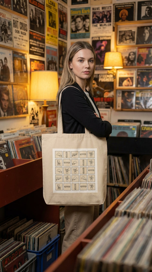 Organic Cotton Everyday Essentials Tote Bag - Female Model in Vintage Record Store - GenZ Ethical Hype