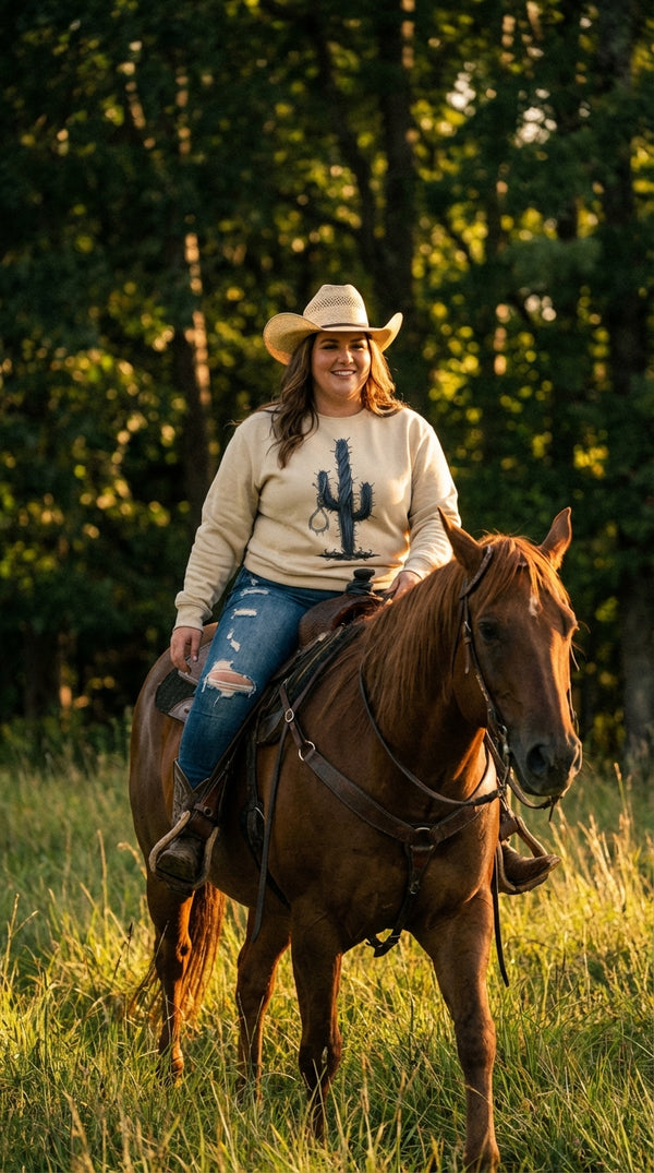 Western Cactus Graphic Organic Cotton Sweatshirt - Cowboy Model in Nature / Forest - Eco-Aesthetic Lifestyle