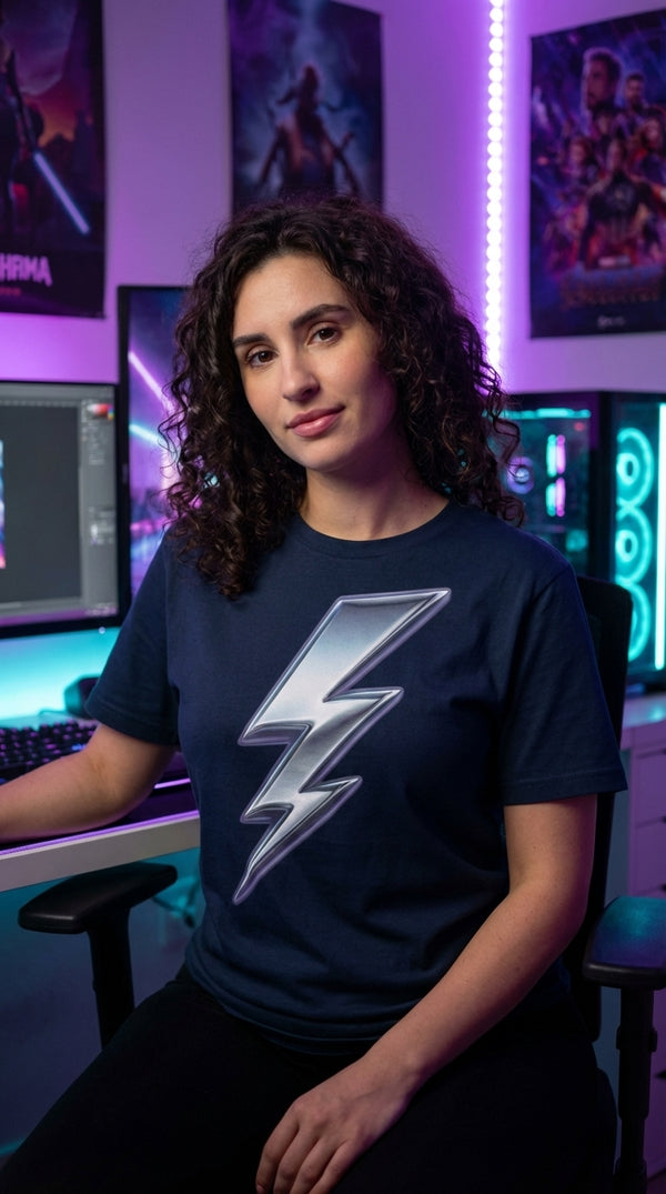 Shiny Chrome Lightning Bolt Organic Cotton T-Shirt - Cozy Plus Gamer in RGB Gaming Room - 90s Grunge Revival