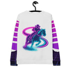 White sweatshirt with colorful horse and rider graphic on a hanger