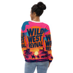 Person wearing a colorful 'Wild West Revival' sweatshirt with a sunset design on the back.