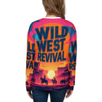 Colorful long-sleeve shirt with 'Wild West Revival' design on a white background