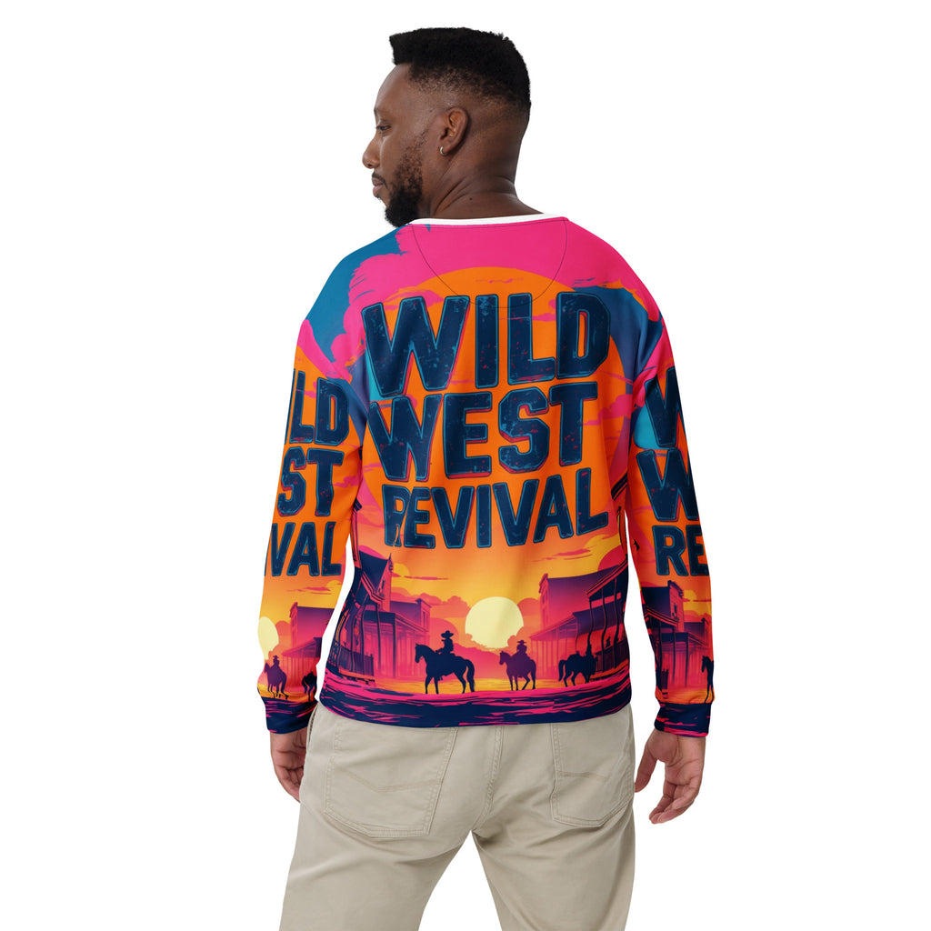 Person wearing a colorful sweatshirt with 'Wild West Revival' design on a white background