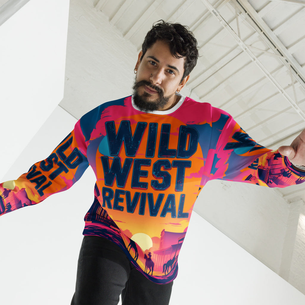Man wearing a colorful shirt with 'Wild West Revival' text in an indoor setting