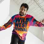 Man wearing a colorful shirt with 'Wild West Revival' text in an indoor setting