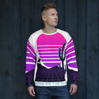 Man wearing a colorful sweater with a graphic design against a dark background