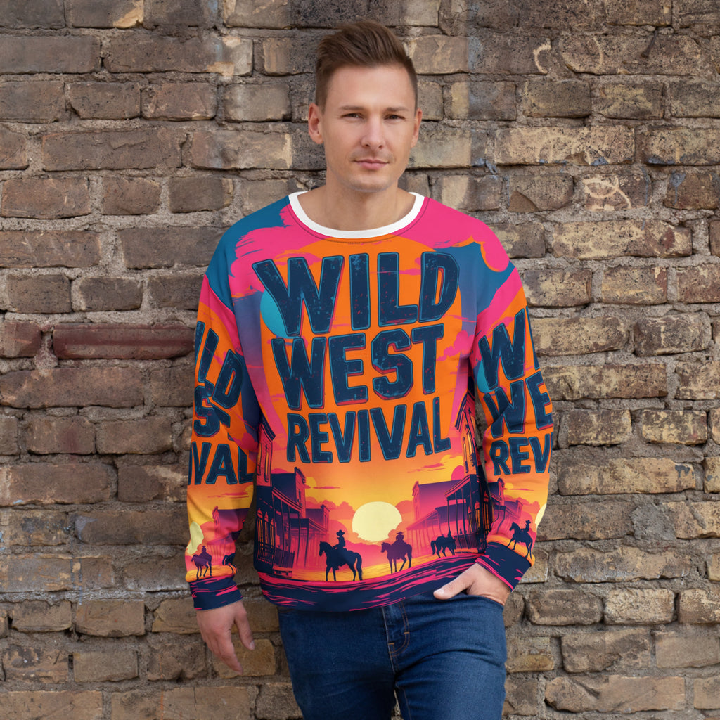 Man wearing a colorful 'Wild West Revival' sweater against a stone wall.