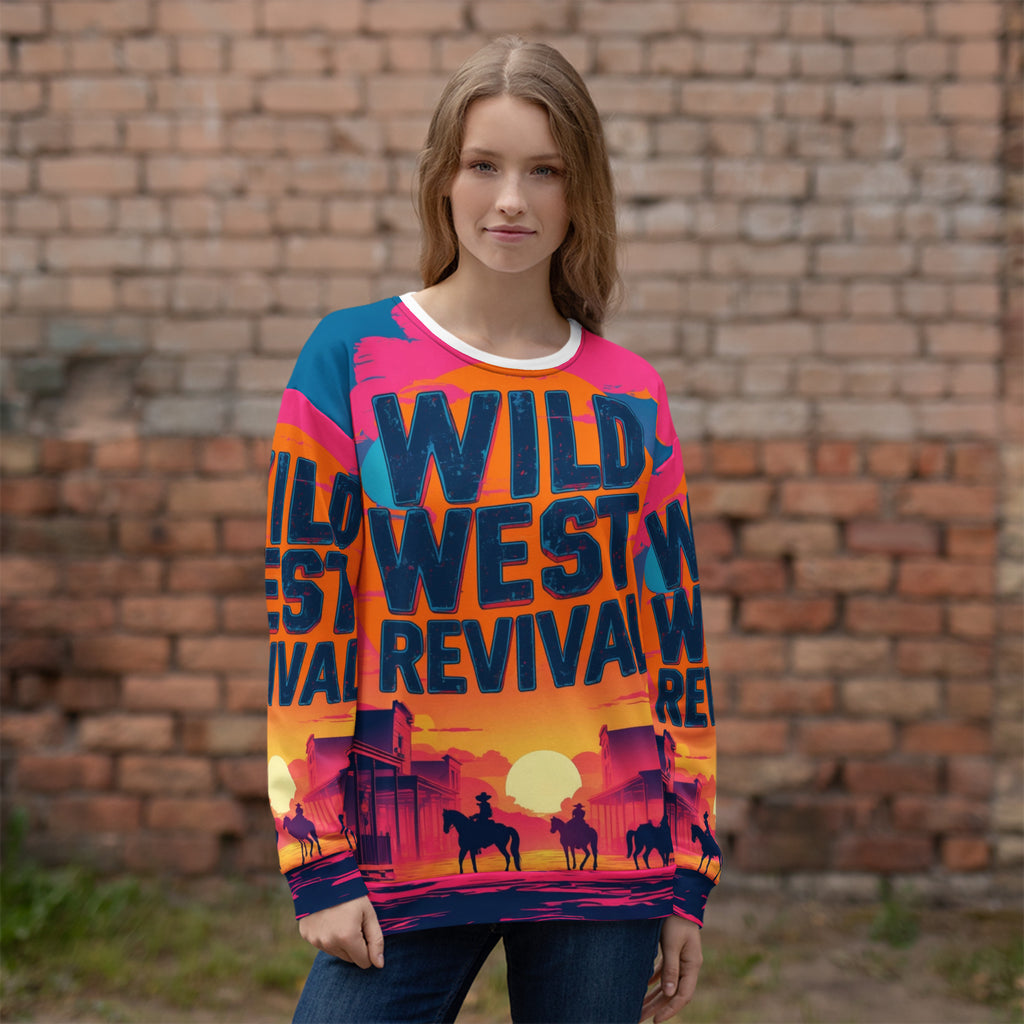 Person wearing a colorful 'Wild West Revival' sweater in front of a brick wall.