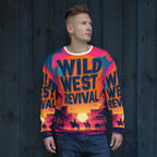 Man wearing a colorful 'Wild West Revival' sweater against a dark background