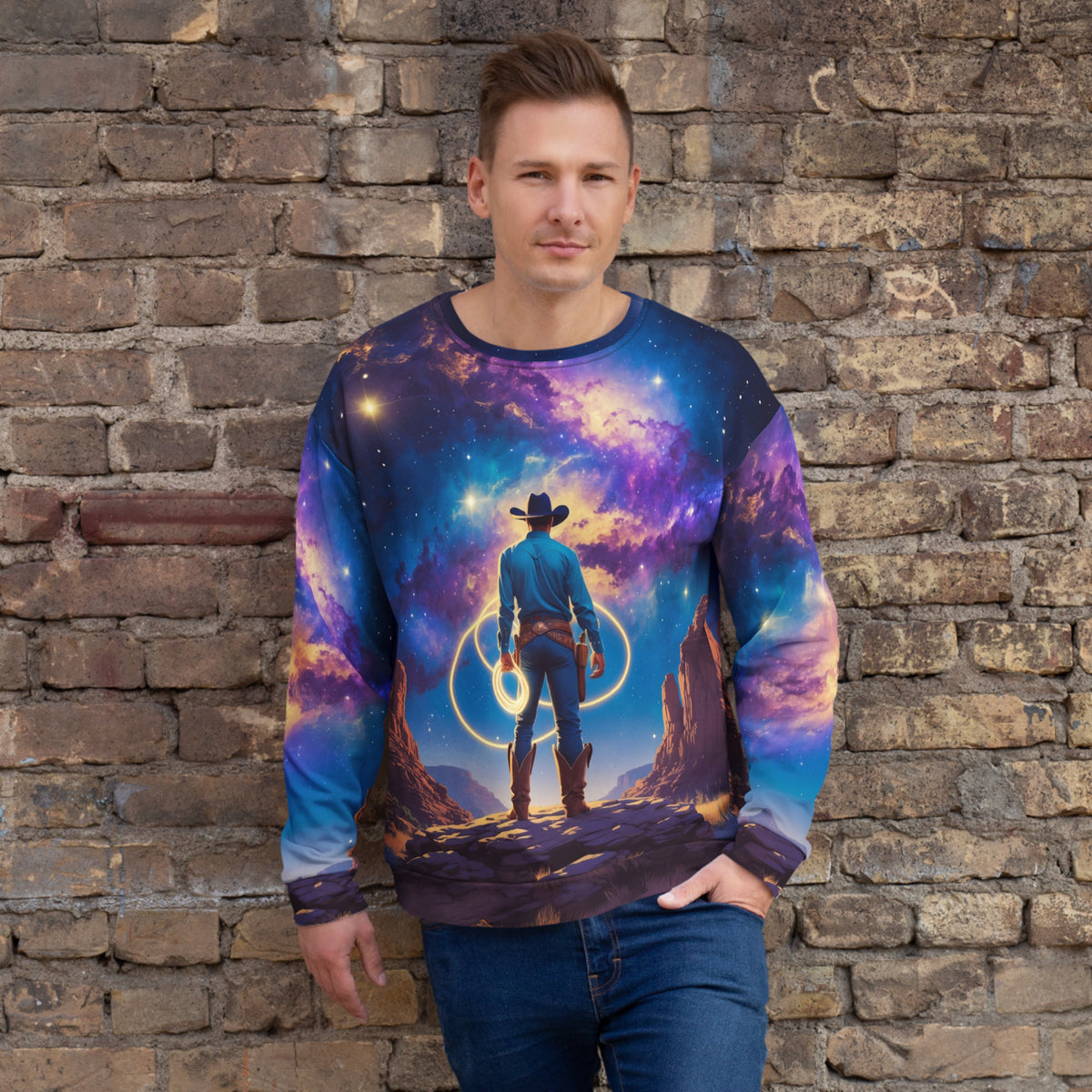 Man wearing a sweater with a cowboy and landscape design against a stone wall.