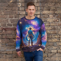 Man wearing a sweater with a cowboy and landscape design against a stone wall.