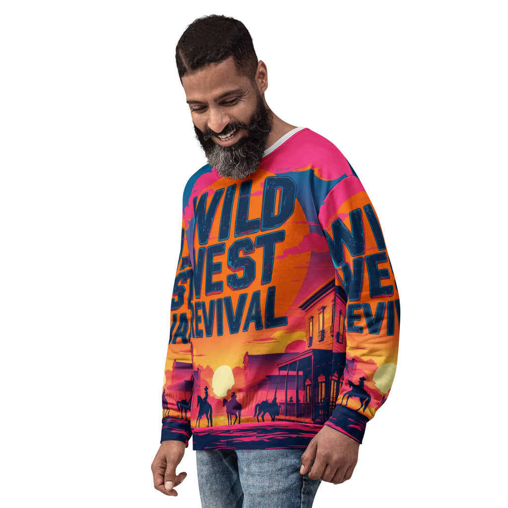 Man wearing a colorful 'Wild West Revival' sweater with a sunset design.