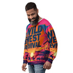 Man wearing a colorful 'Wild West Revival' sweater with a sunset design.