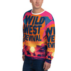 Person wearing a colorful sweatshirt with 'Wild West Revival' design on a white background