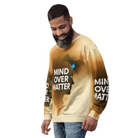 Man wearing a sweater with 'Mind Over Matter' text on a white background