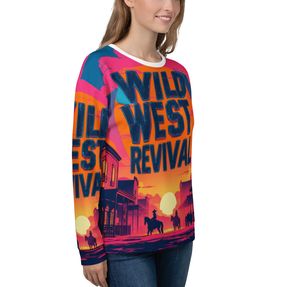 Person wearing a colorful 'Wild West Revival' sweatshirt with a sunset design.