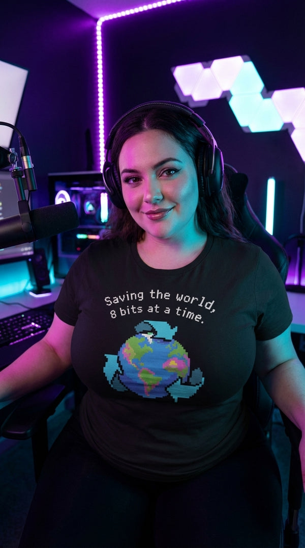 Unisex Organic Pixel Earth Tee - Neon Plus Streamer in RGB Gaming Room - Kitchen Table Legend