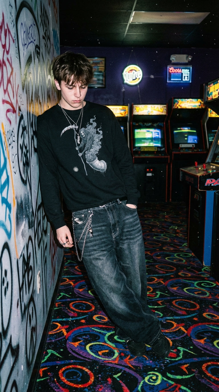 Grim Reaper Rising Organic Crewneck Sweatshirt - 90s Mall Goth in Neon Arcade Alley - Legendary Pull