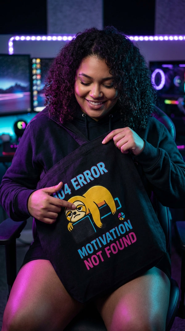Organic Cotton Tote Bag - 404 Motivation Not Found Sloth - Neon Plus Streamer in RGB Gaming Room - 90s Retro Sustainable