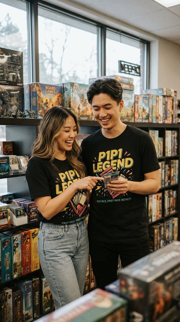 Organic Cotton T-Shirt Unisex P1P1 Legend Draft Tee - Couple / Duo in Local Game Store - Untap & Upkeep Lifestyle