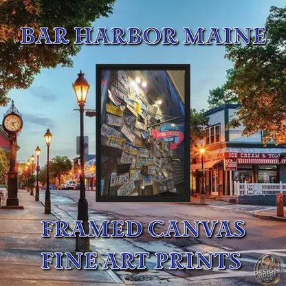 Framed Bar Harbor, Maine collage print featuring a license plate design against a scenic downtown backdrop.