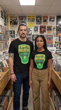 Organic Cotton 'I Want to Believe' UFO Tee - Couple / Duo in Vintage Record Store - 90s Retro Sustainable