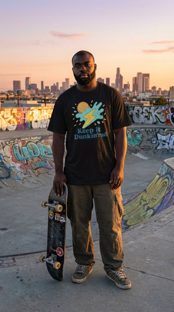 Unisex Organic Dunkin Rad Tee - Urban Skater in Rooftop Skatepark - 90s Grunge Revival