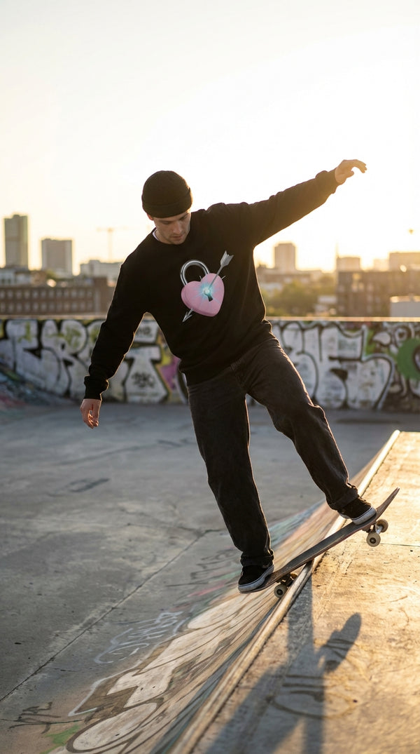Locked Heart Y2K Organic Cotton Sweatshirt - Urban Skater in Rooftop Skatepark - 90s Grunge Revival