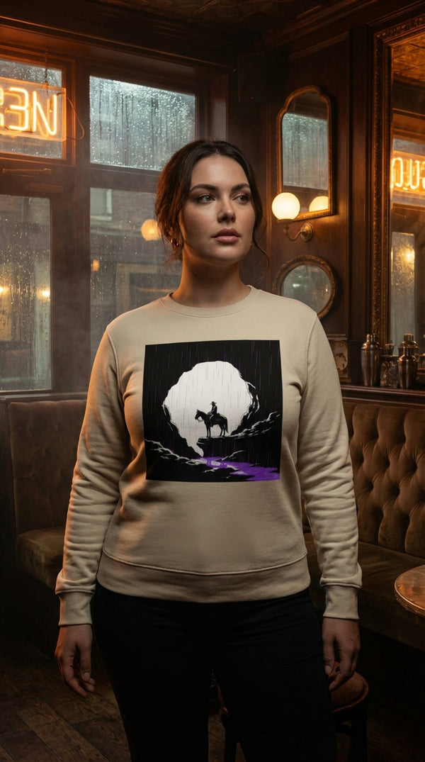 Lone Rider Organic Cotton Sweatshirt - Western Noir Style - Cyberpunk Plus in Saloon Interior - Eco-Aesthetic Lifestyle