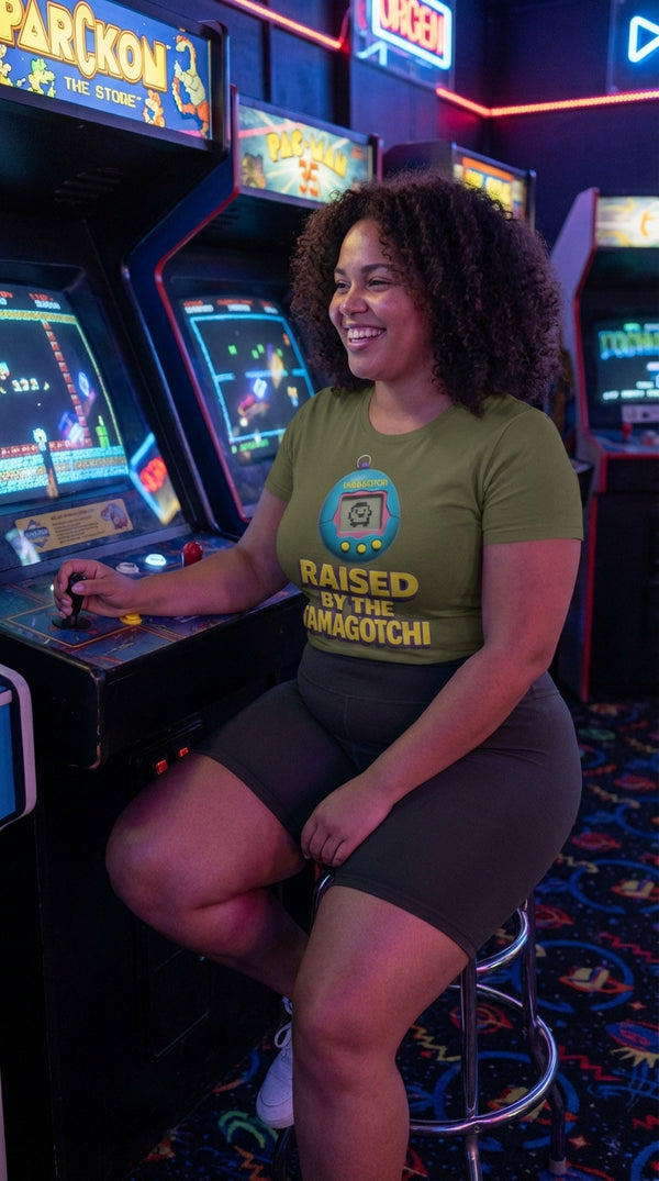 Raised by the Tamagotchi Organic Cotton Tee - Retro Plus Arcade in Neon Arcade Alley - 90s Grunge Revival