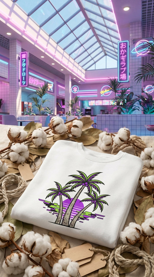 Neon Palms Vaporwave Organic Sweatshirt - GOTS Certification Hero in 90s Mall Food Court - 90s Retro Sustainable