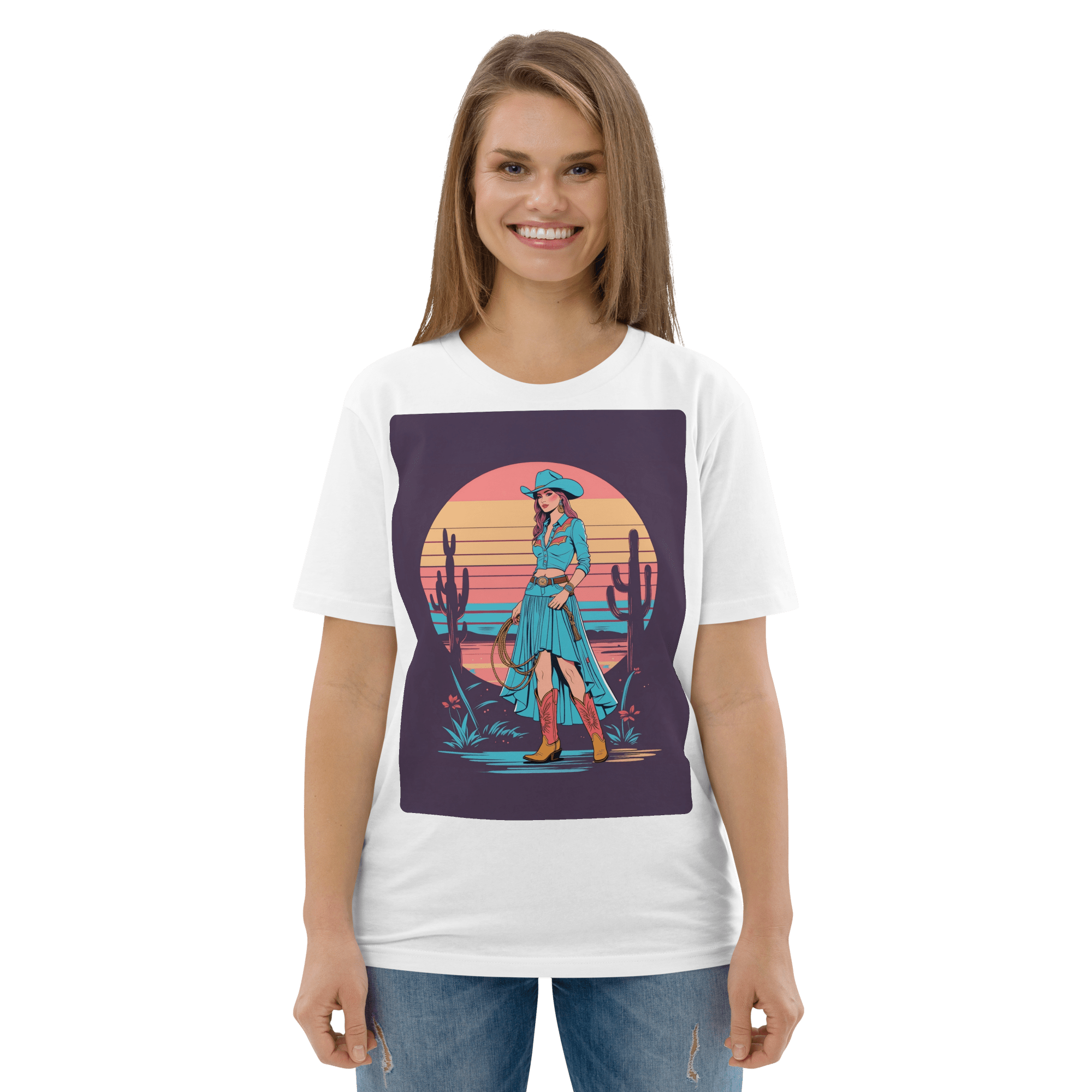 California Cowgirl Chic Organic Cotton T-Shirt – Vintage Western Rodeo Tee - Design Delight Studio