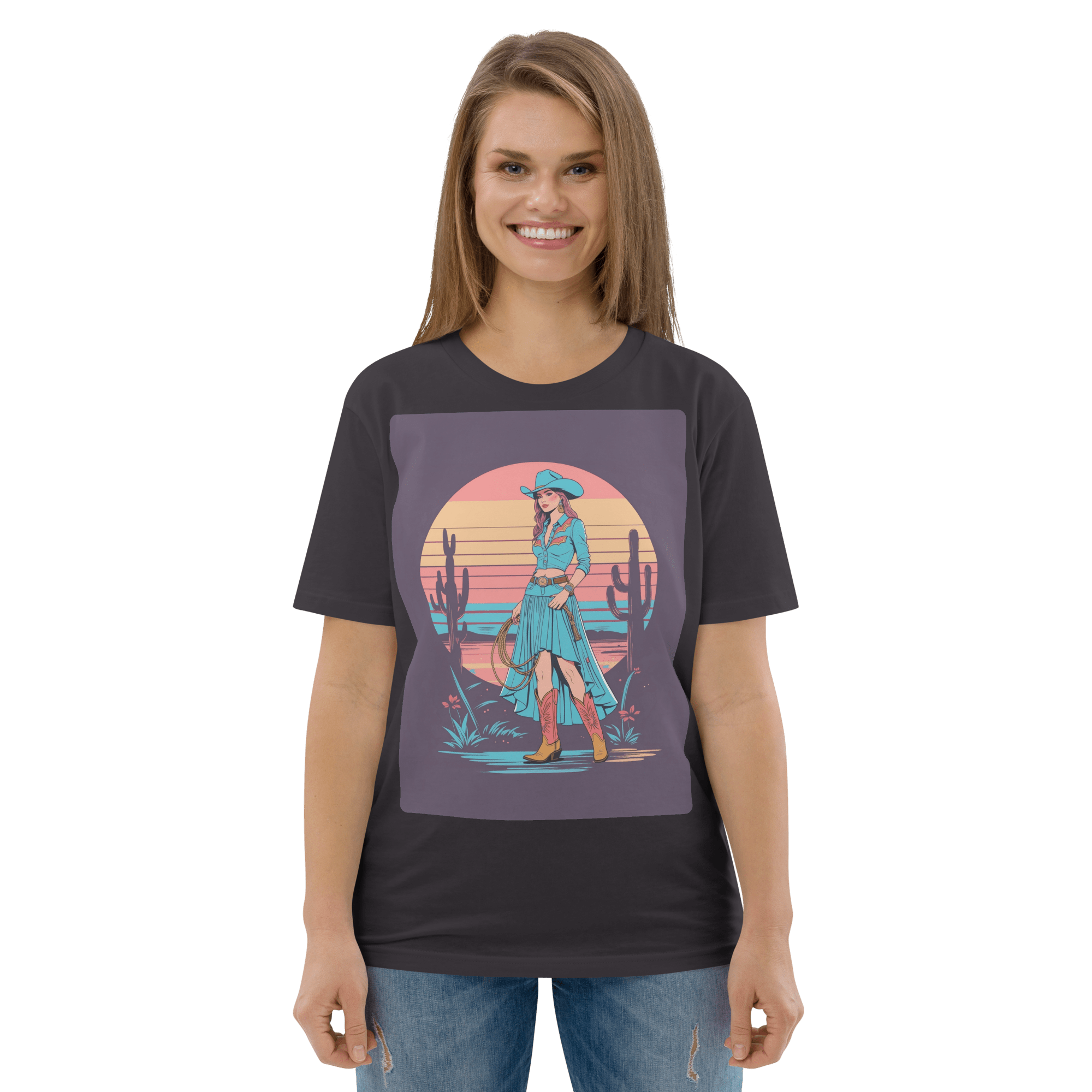 California Cowgirl Chic Organic Cotton T-Shirt – Vintage Western Rodeo Tee - Design Delight Studio
