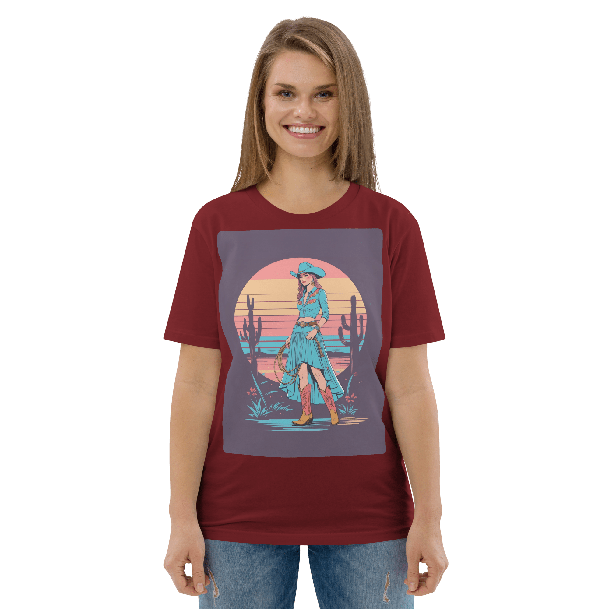 California Cowgirl Chic Organic Cotton T-Shirt – Vintage Western Rodeo Tee - Design Delight Studio