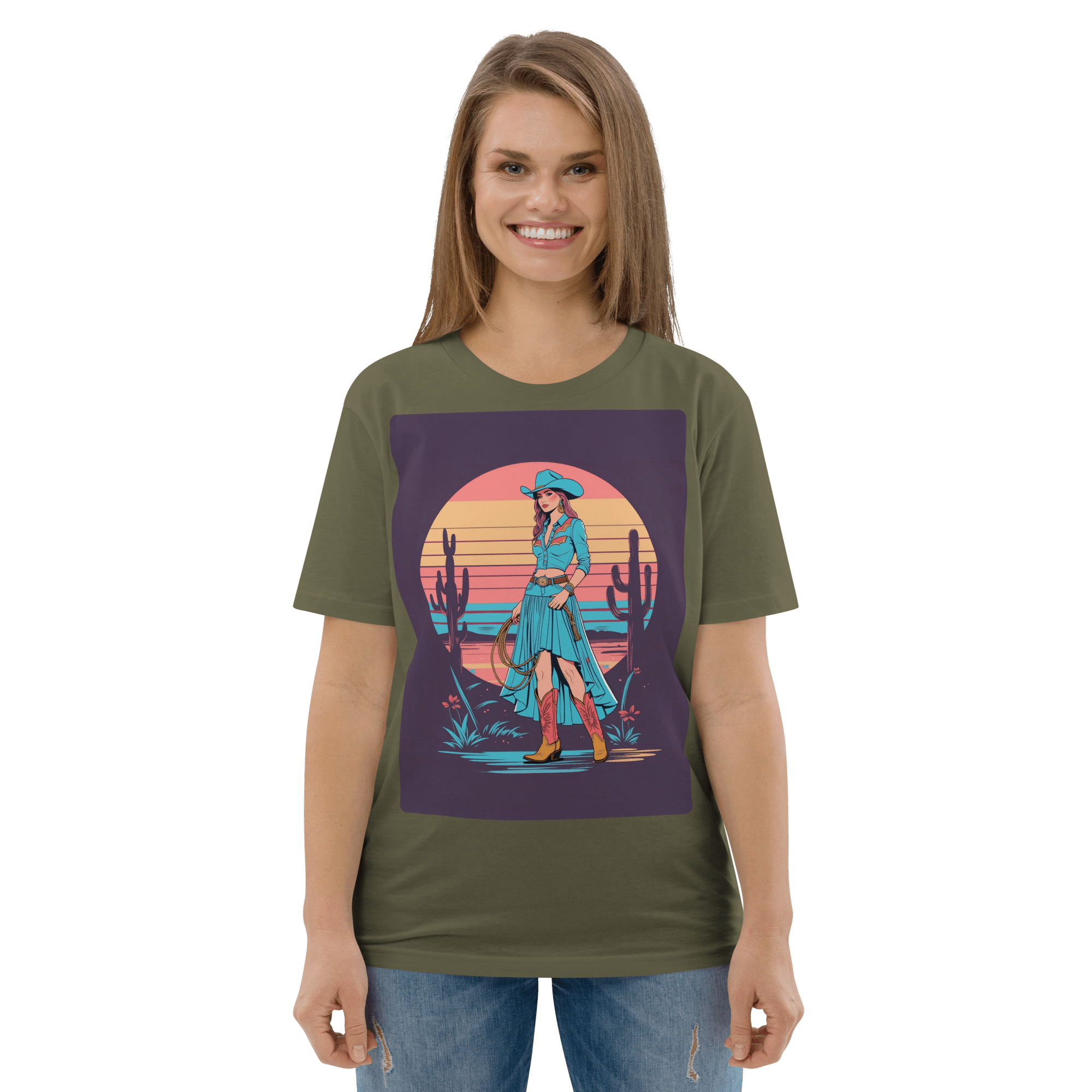 California Cowgirl Chic Organic Cotton T-Shirt – Vintage Western Rodeo Tee - Design Delight Studio