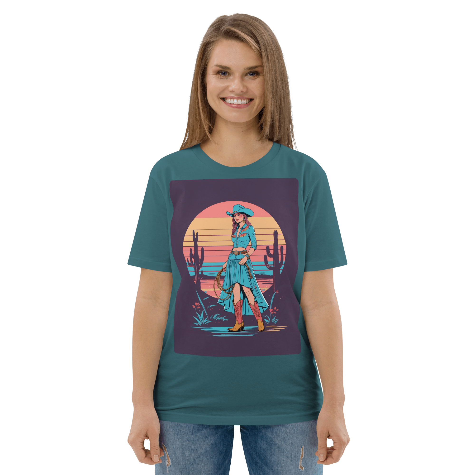 California Cowgirl Chic Organic Cotton T-Shirt – Vintage Western Rodeo Tee - Design Delight Studio