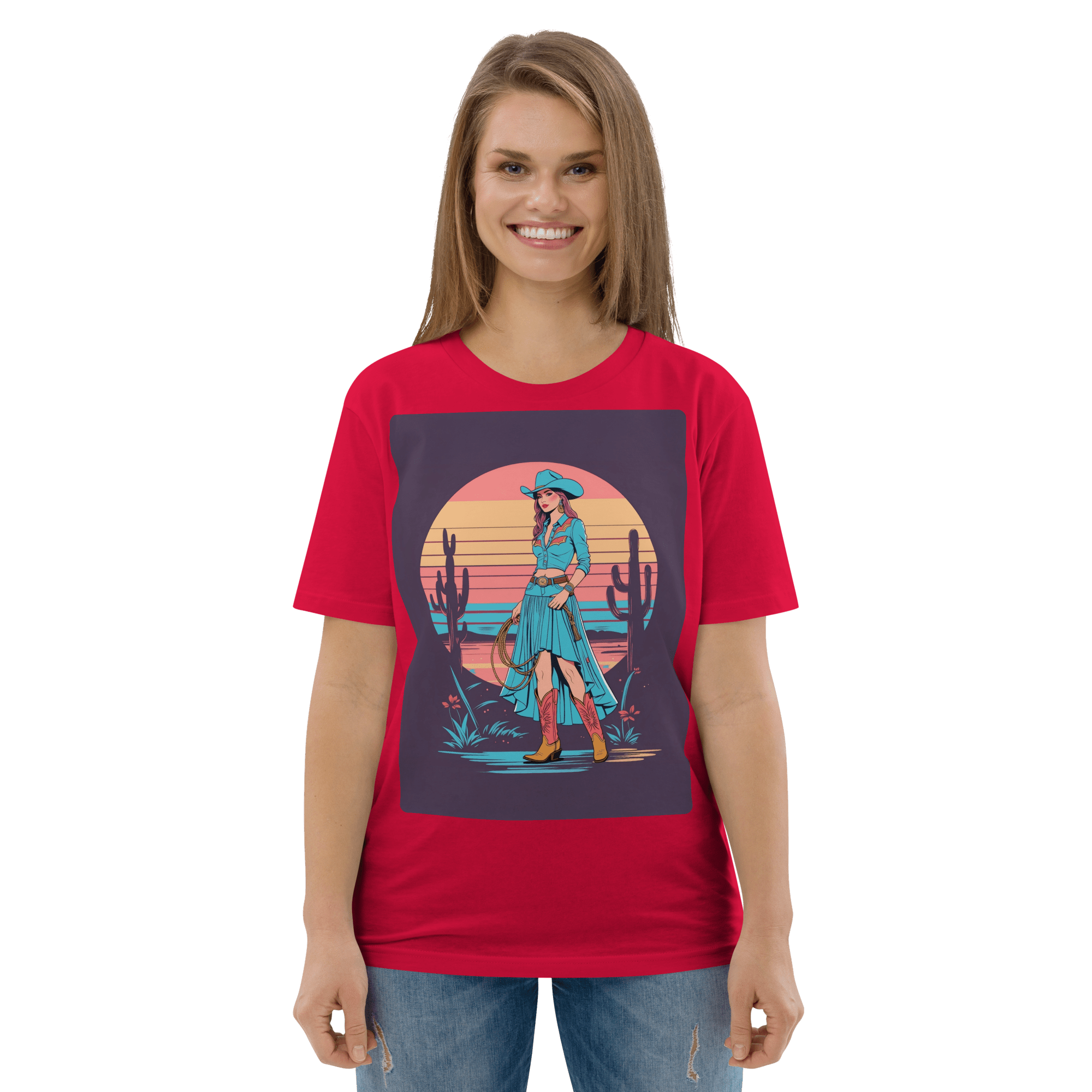 California Cowgirl Chic Organic Cotton T-Shirt – Vintage Western Rodeo Tee - Design Delight Studio