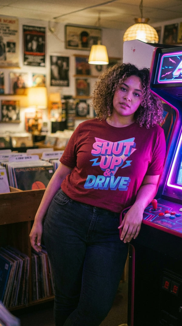Organic Cotton Shut Up And Drive Tee - Retro Plus Arcade in Vintage Record Store - 90s Retro Sustainable